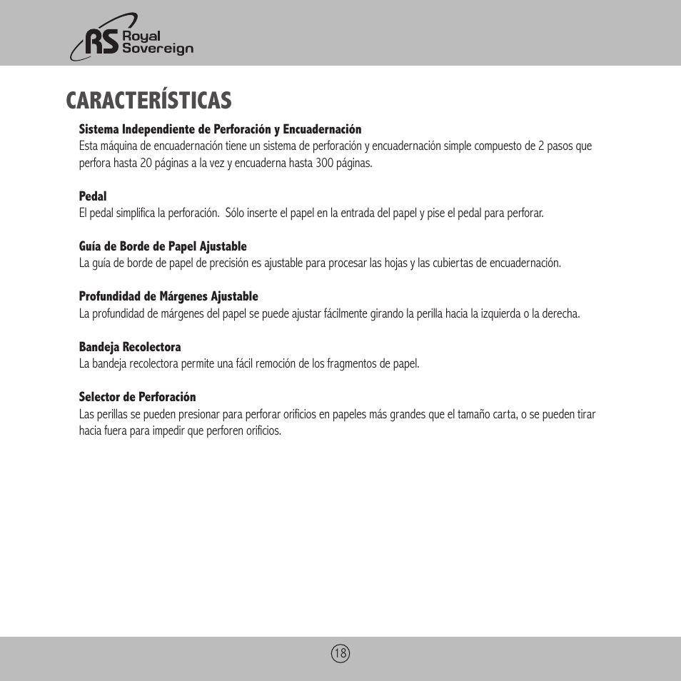 Características | Royal Sovereign RBE-2000 User Manual | Page 18 / 36