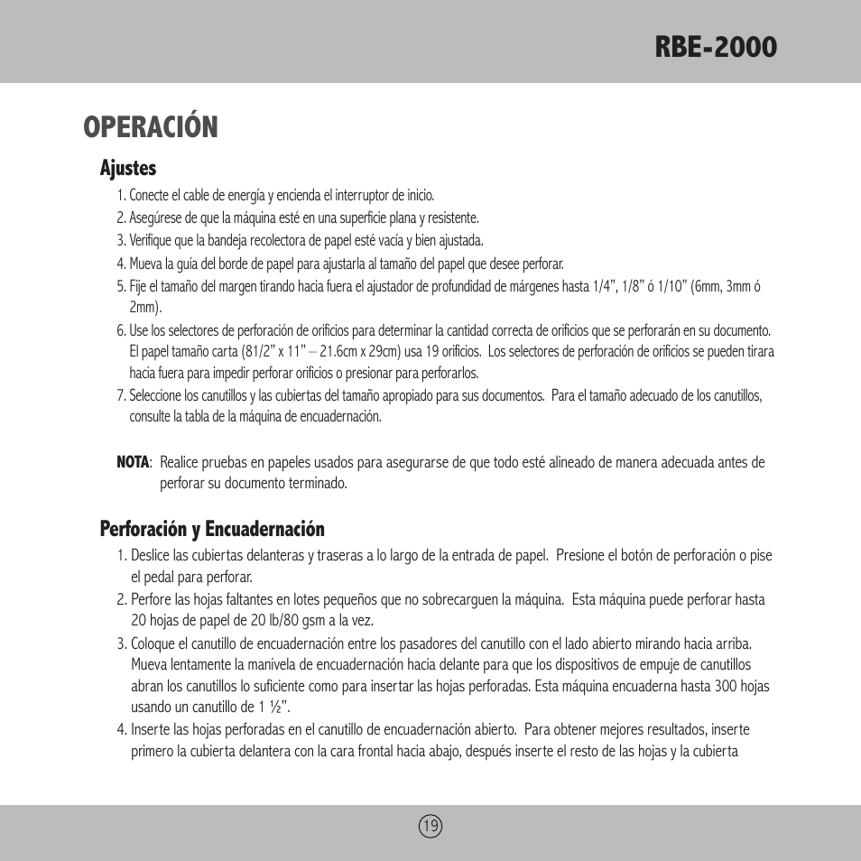 Rbe-2000, Operación, Ajustes | Perforación y encuadernación | Royal Sovereign RBE-2000 User Manual | Page 19 / 36