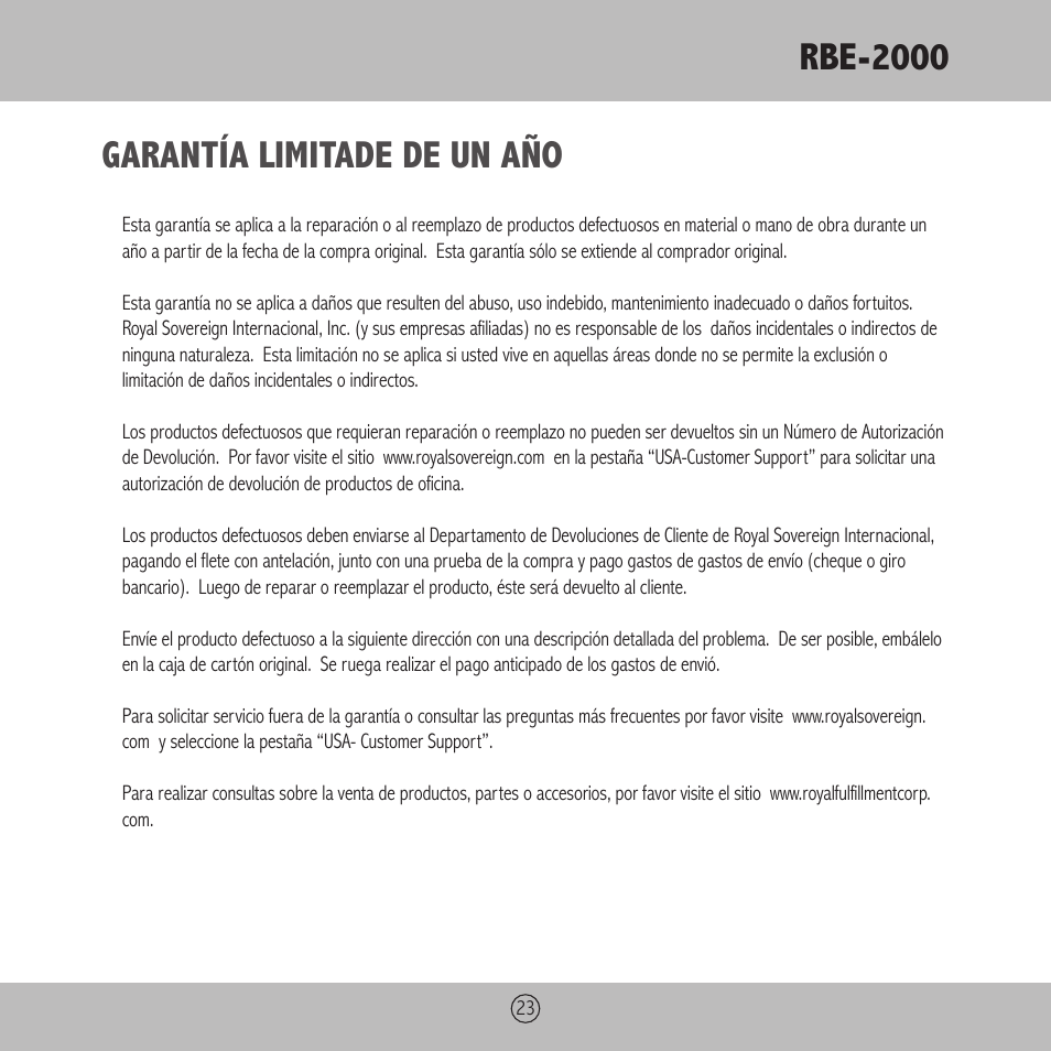 Rbe-2000, Garantía limitade de un año | Royal Sovereign RBE-2000 User Manual | Page 23 / 36