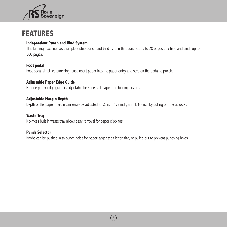 Features | Royal Sovereign RBE-2000 User Manual | Page 6 / 36