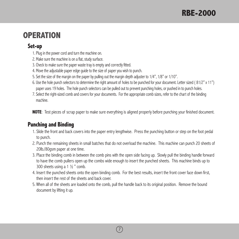 Rbe-2000, Operation, Set-up | Punching and binding | Royal Sovereign RBE-2000 User Manual | Page 7 / 36