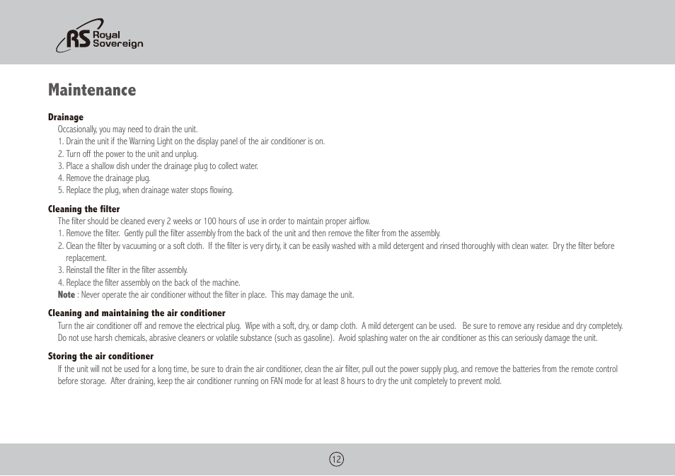 Maintenance | Royal Sovereign ARP-3010 User Manual | Page 12 / 32