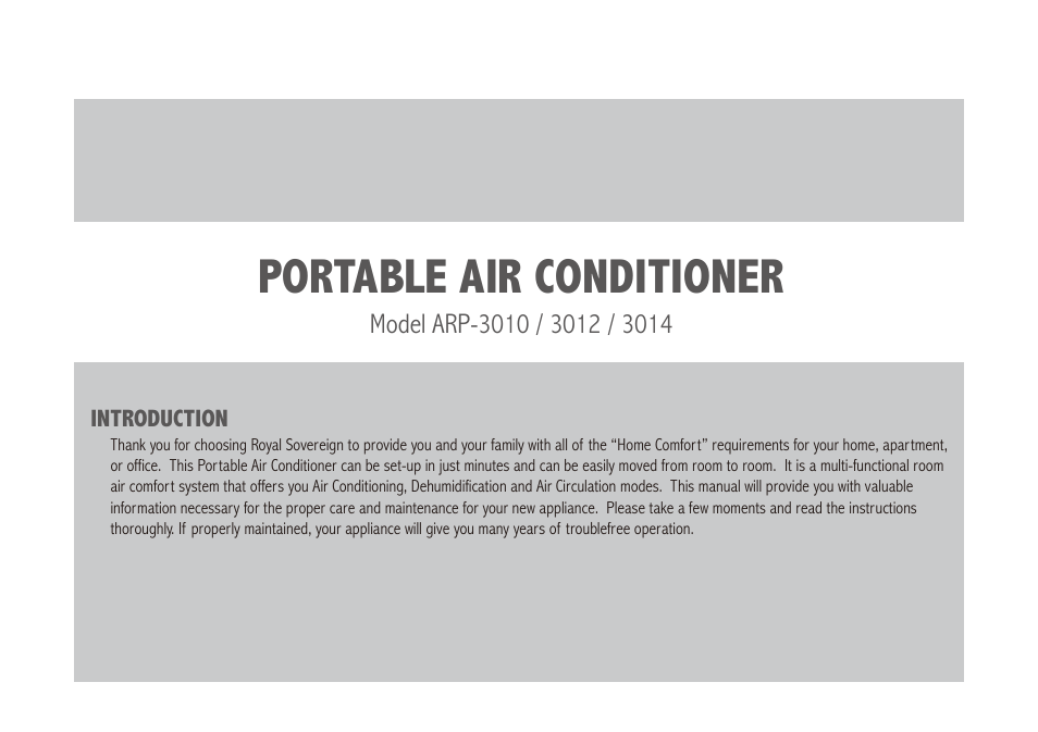 Portable air conditioner | Royal Sovereign ARP-3010 User Manual | Page 2 / 32