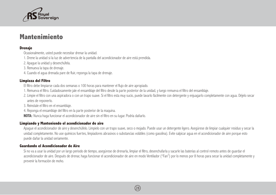 Mantenimiento | Royal Sovereign ARP-3010 User Manual | Page 28 / 32