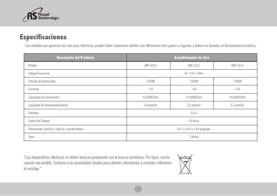 Especificaciones | Royal Sovereign ARP-3010 User Manual | Page 30 / 32