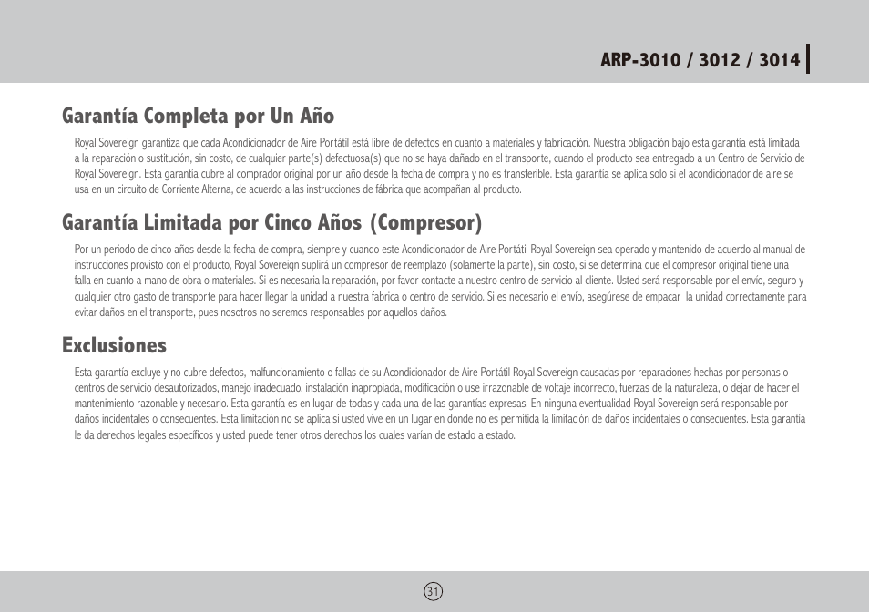 Garantía completa por un año, Garantía limitada por cinco años (compresor), Exclusiones | Royal Sovereign ARP-3010 User Manual | Page 31 / 32