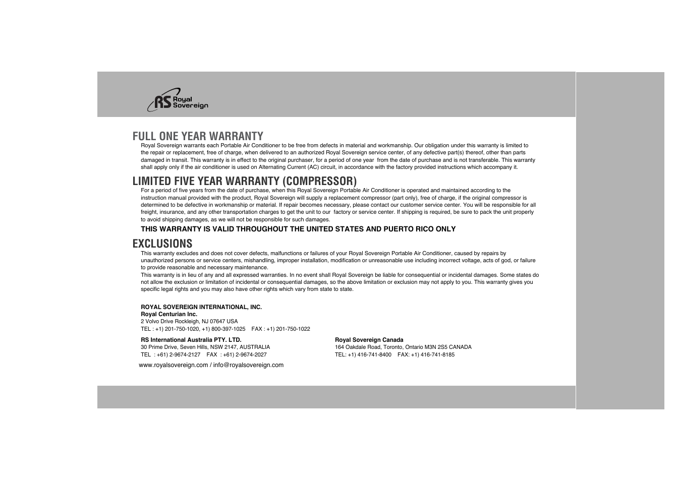 Full one year warranty, Limited five year warranty (compressor), Exclusions | Royal Sovereign ARP-1003E User Manual | Page 12 / 24