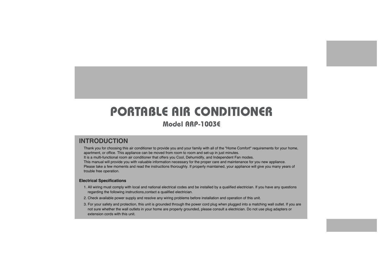 Portable air conditioner, Model arp-1003e | Royal Sovereign ARP-1003E User Manual | Page 2 / 24