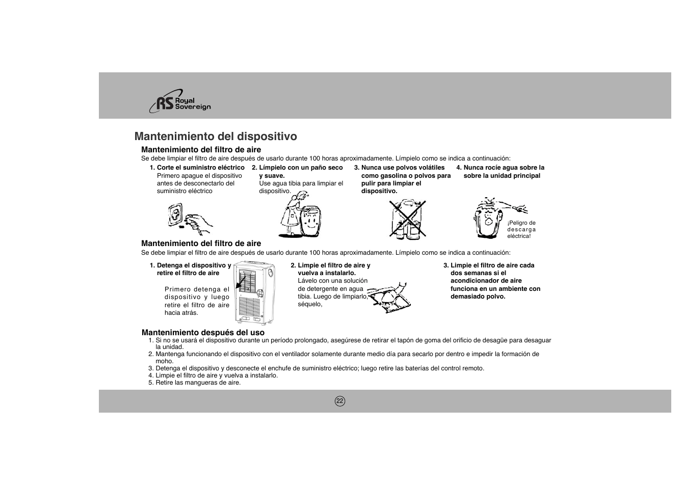 Mantenimiento del dispositivo | Royal Sovereign ARP-1003E User Manual | Page 22 / 24