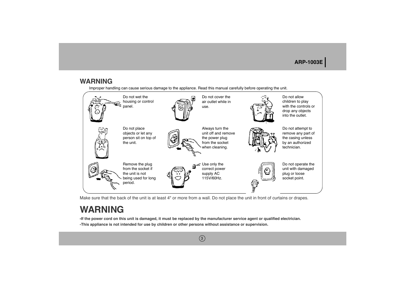 Warning | Royal Sovereign ARP-1003E User Manual | Page 3 / 24