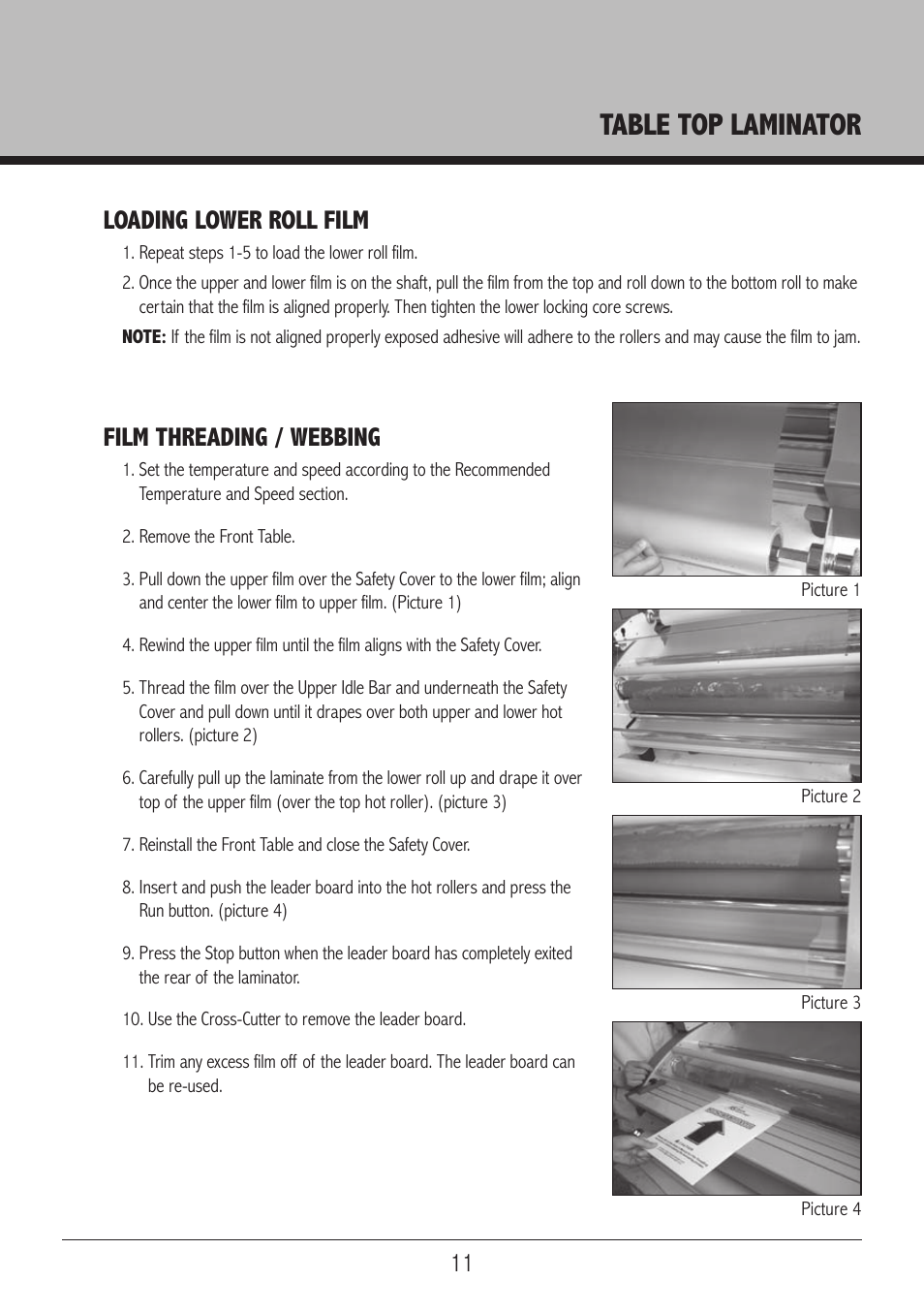 Table top laminator, 11 loading lower roll film, Film threading / webbing | Royal Sovereign RSL 2701S User Manual | Page 11 / 16