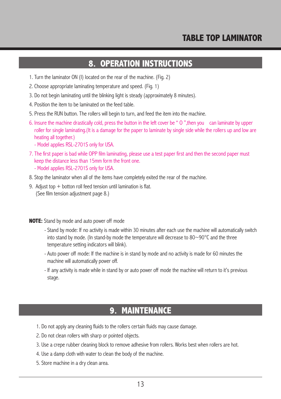 Table top laminator, Maintenance, Operation instructions | Royal Sovereign RSL 2701S User Manual | Page 13 / 16