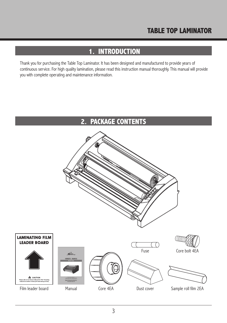 Table top laminator, Introduction 2. package contents | Royal Sovereign RSL 2701S User Manual | Page 3 / 16