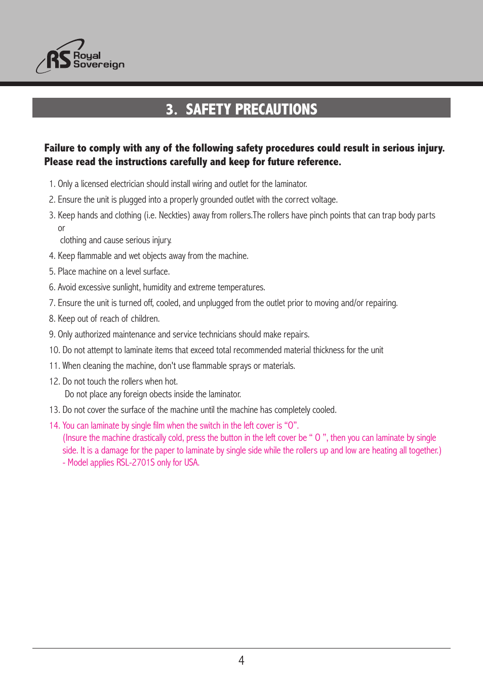 Safety precautions | Royal Sovereign RSL 2701S User Manual | Page 4 / 16