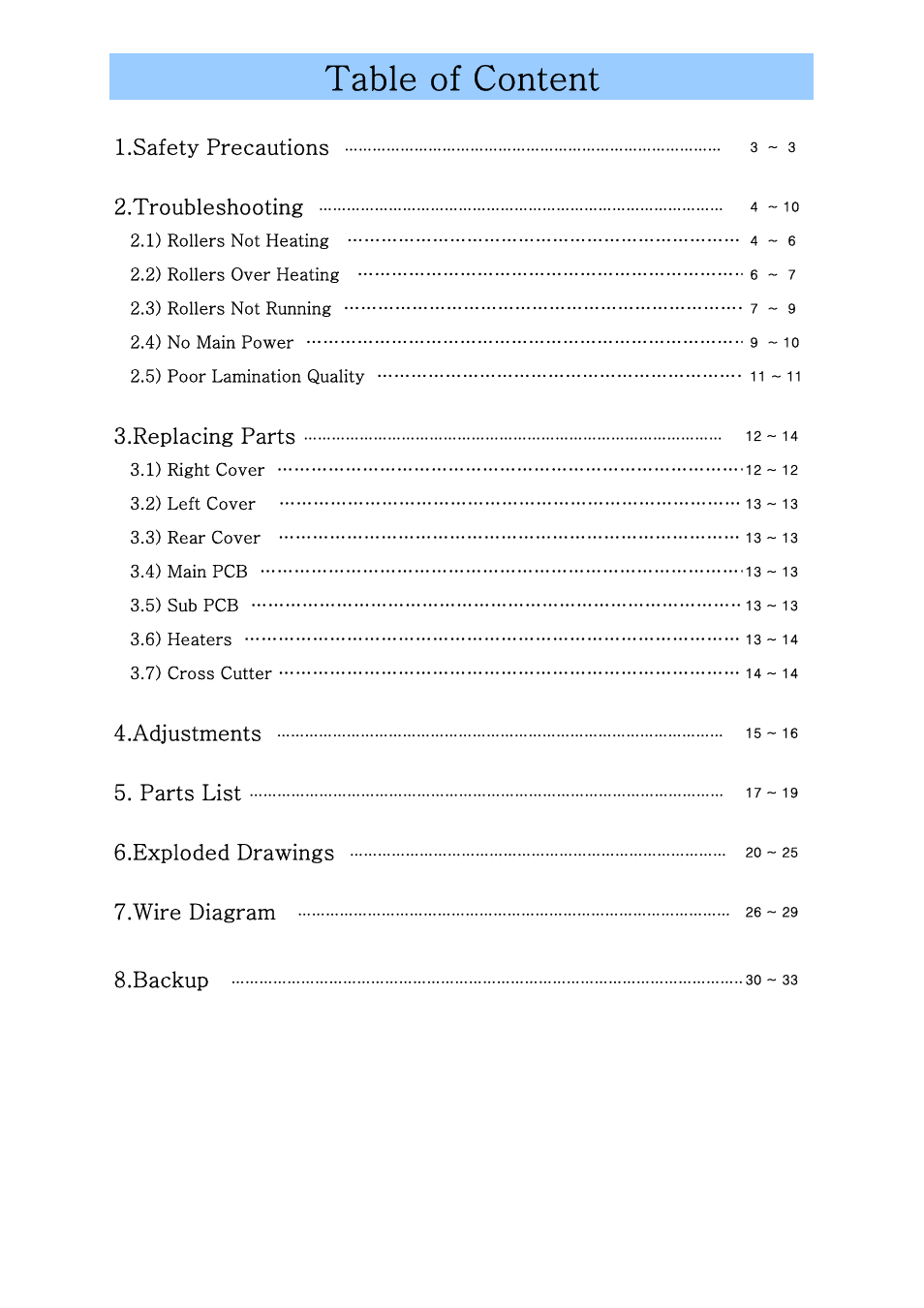Table of content, Safety precautions, Troubleshooting | Replacing parts, Adjustments, Parts list, Exploded drawings, Wire diagram, Backup | Royal Sovereign 451-8 24B/9L RSL-2702S User Manual | Page 2 / 37