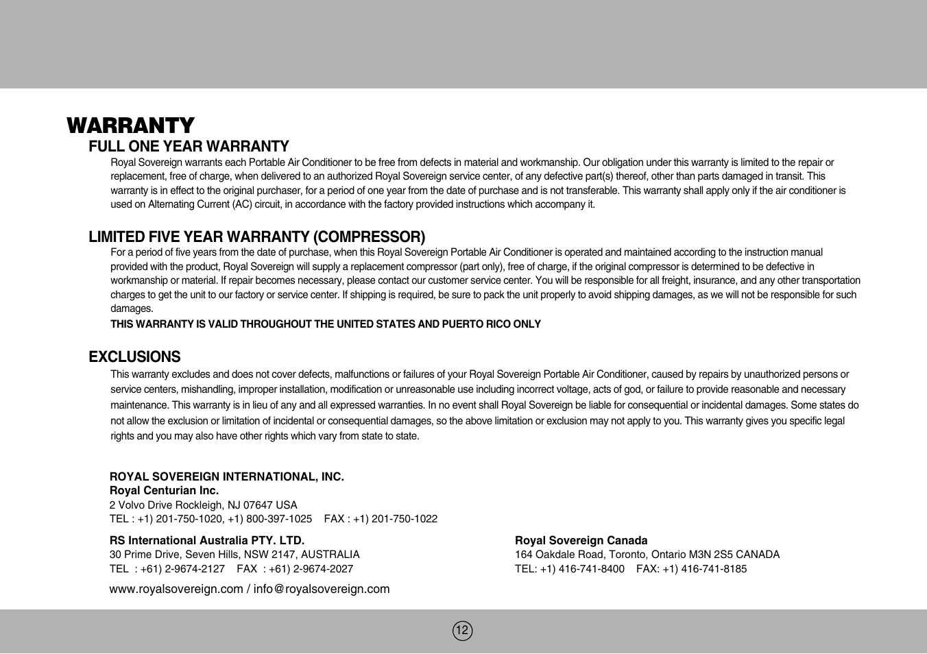 Warranty, Full one year warranty, Limited five year warranty (compressor) | Exclusions | Royal Sovereign ARP-904EC User Manual | Page 12 / 24