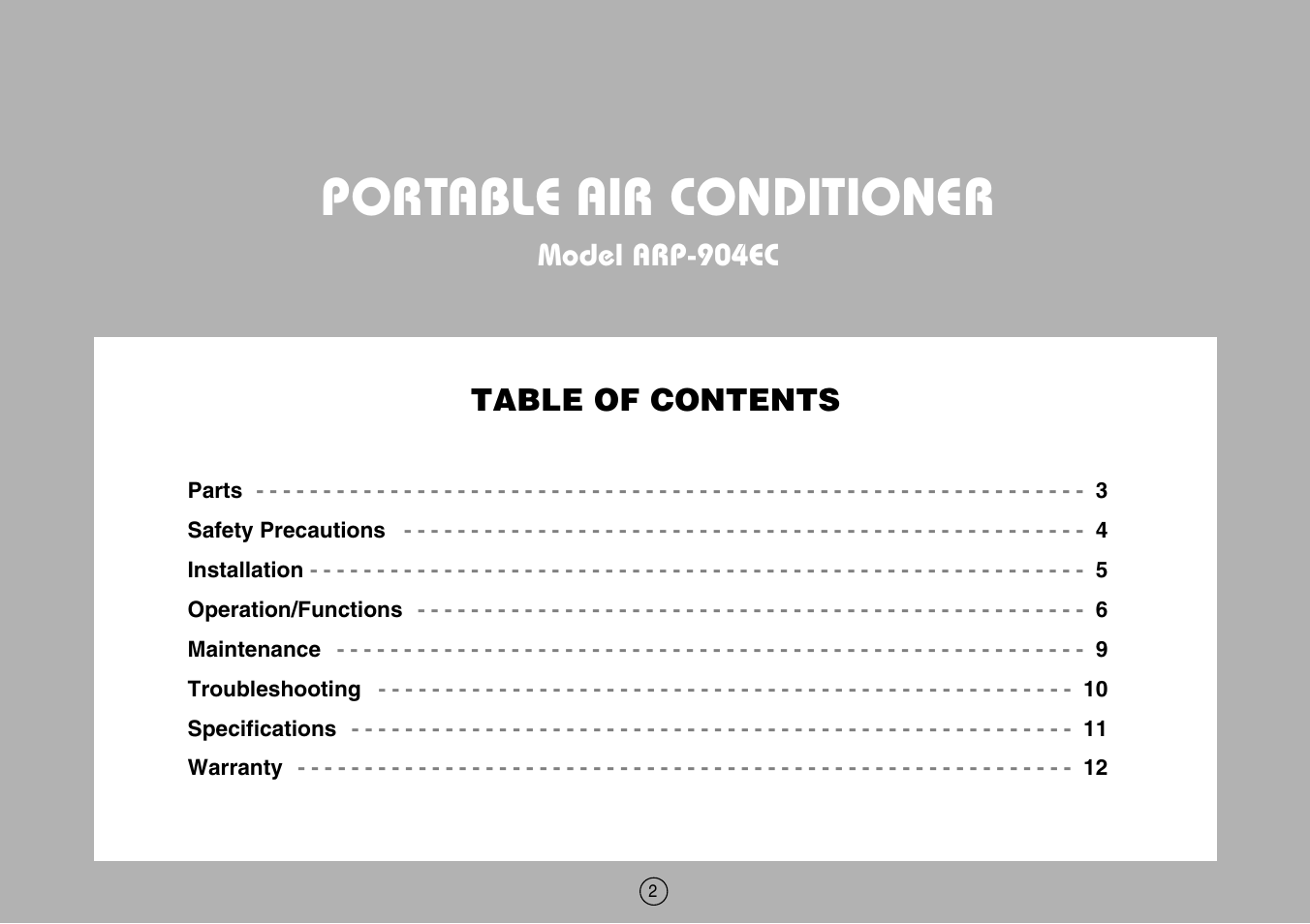 Portable air conditioner, Model arp-904ec table of contents | Royal Sovereign ARP-904EC User Manual | Page 2 / 24