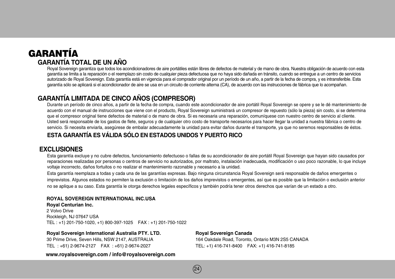 Garantía | Royal Sovereign ARP-904EC User Manual | Page 24 / 24