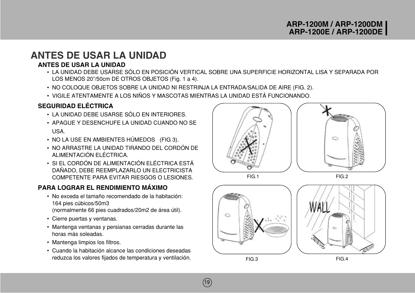 Antes de usar la unidad | Royal Sovereign ARP-1200M User Manual | Page 19 / 32