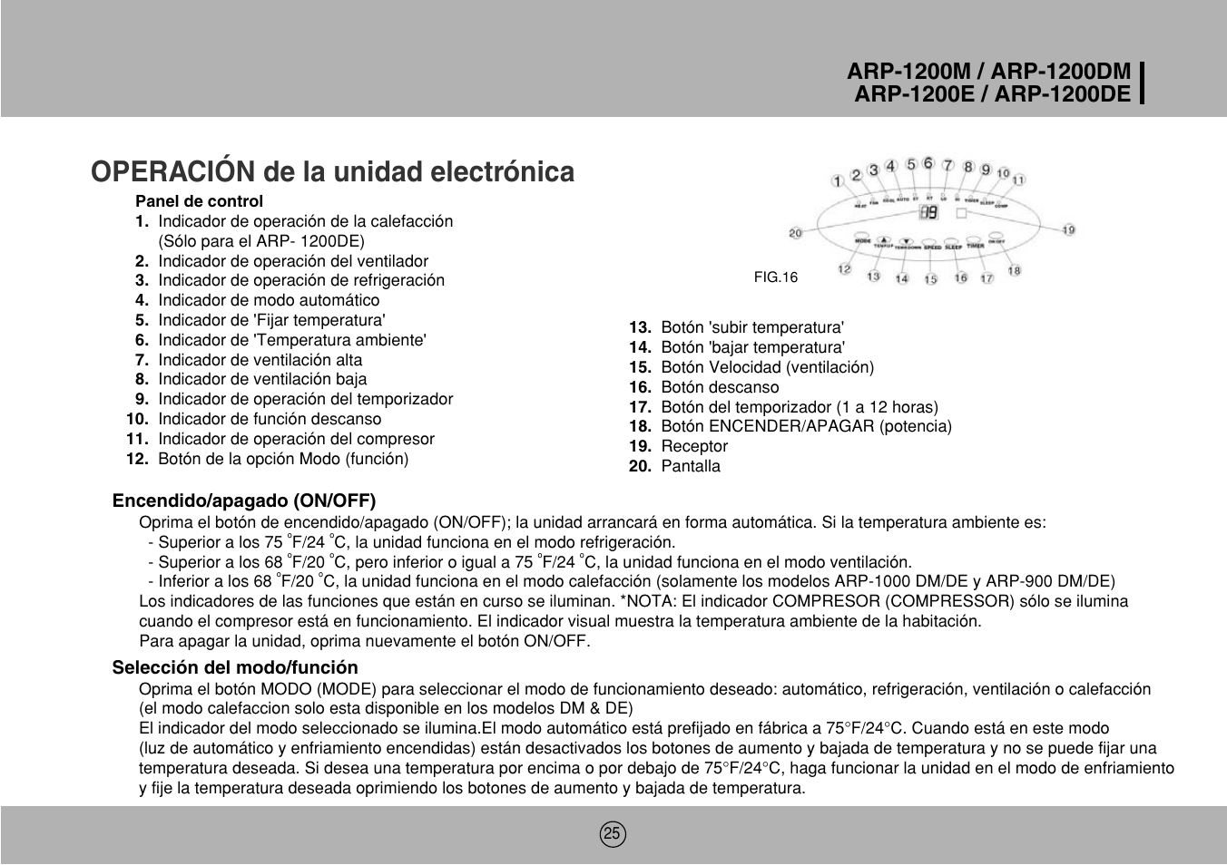 Operación de la unidad electrónica | Royal Sovereign ARP-1200M User Manual | Page 25 / 32