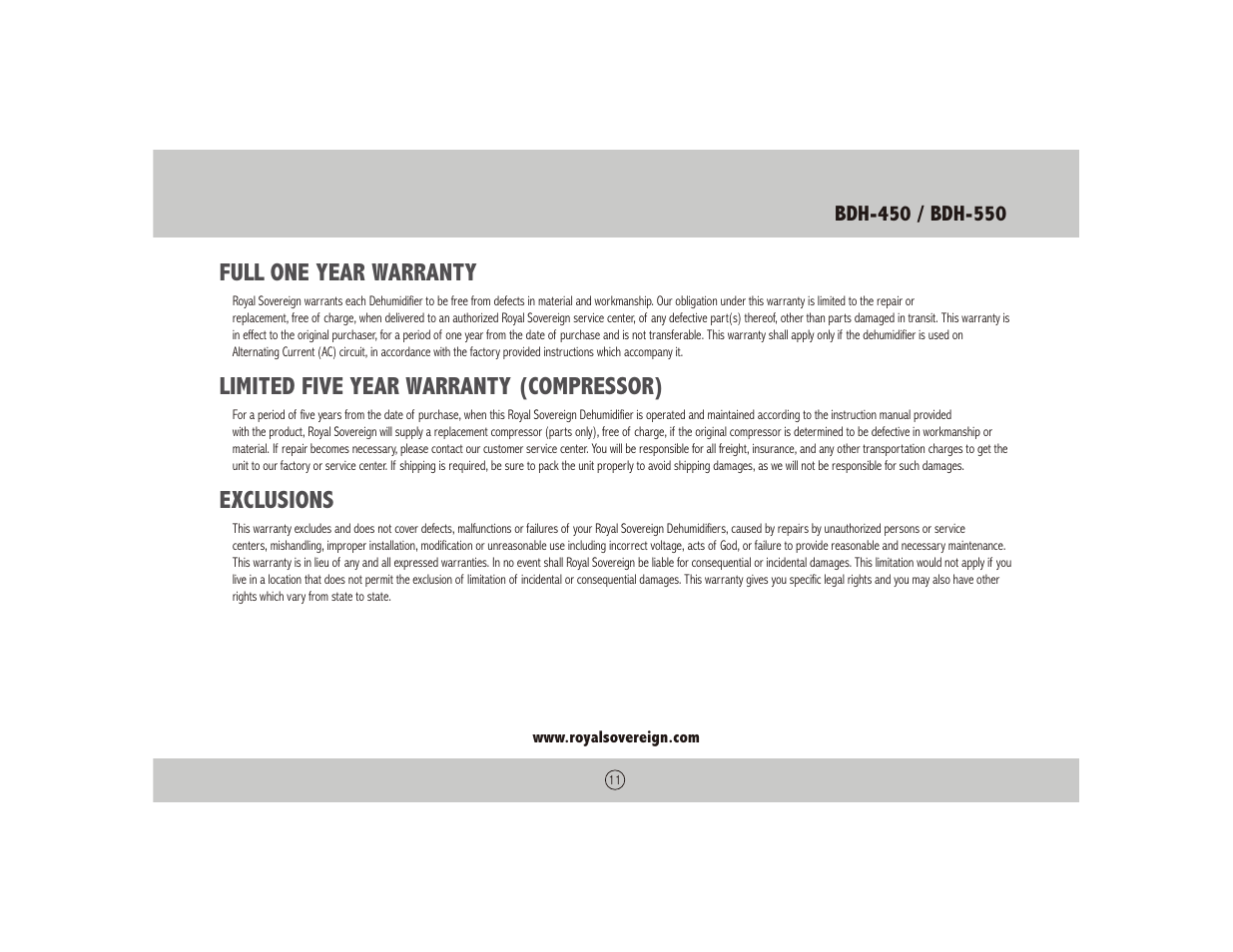 Full one year warranty, Limited five year warranty (compressor), Exclusions | Royal Sovereign BUCKETLESS DEHUMIDIFIER BDH-550 User Manual | Page 11 / 24