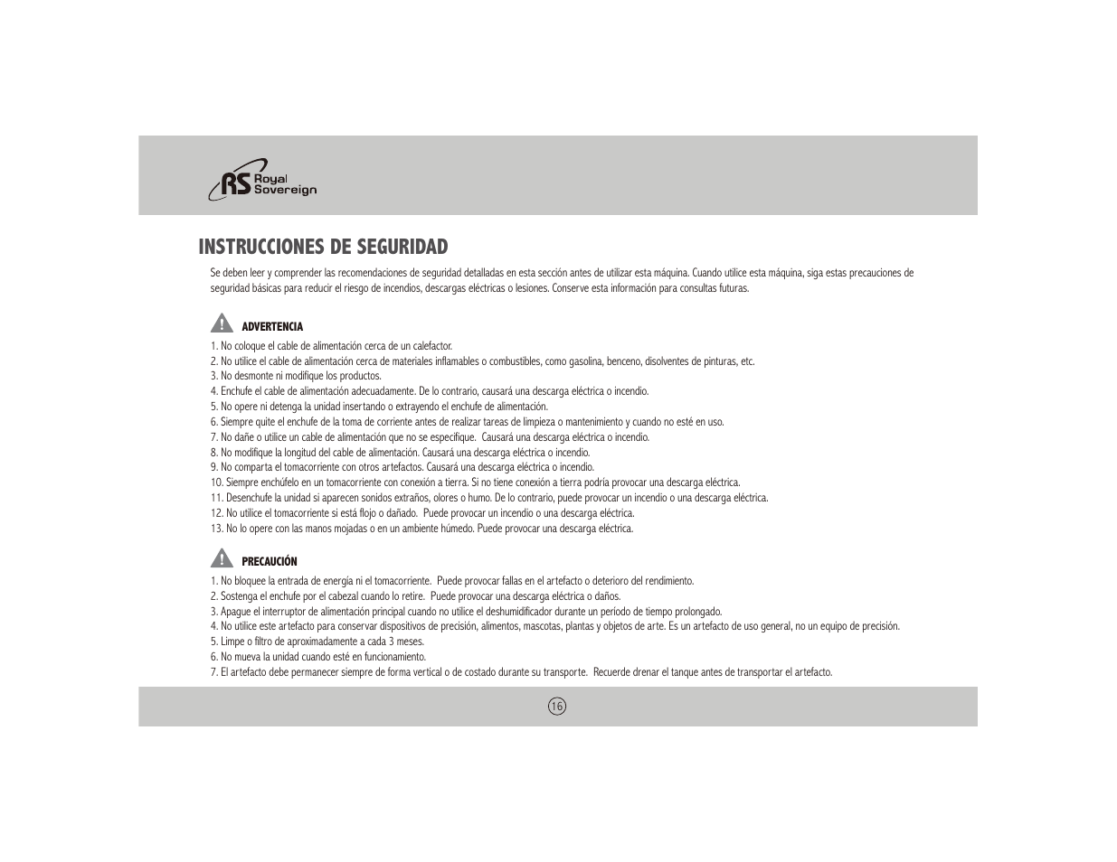 Instrucciones de seguridad | Royal Sovereign BUCKETLESS DEHUMIDIFIER BDH-550 User Manual | Page 16 / 24