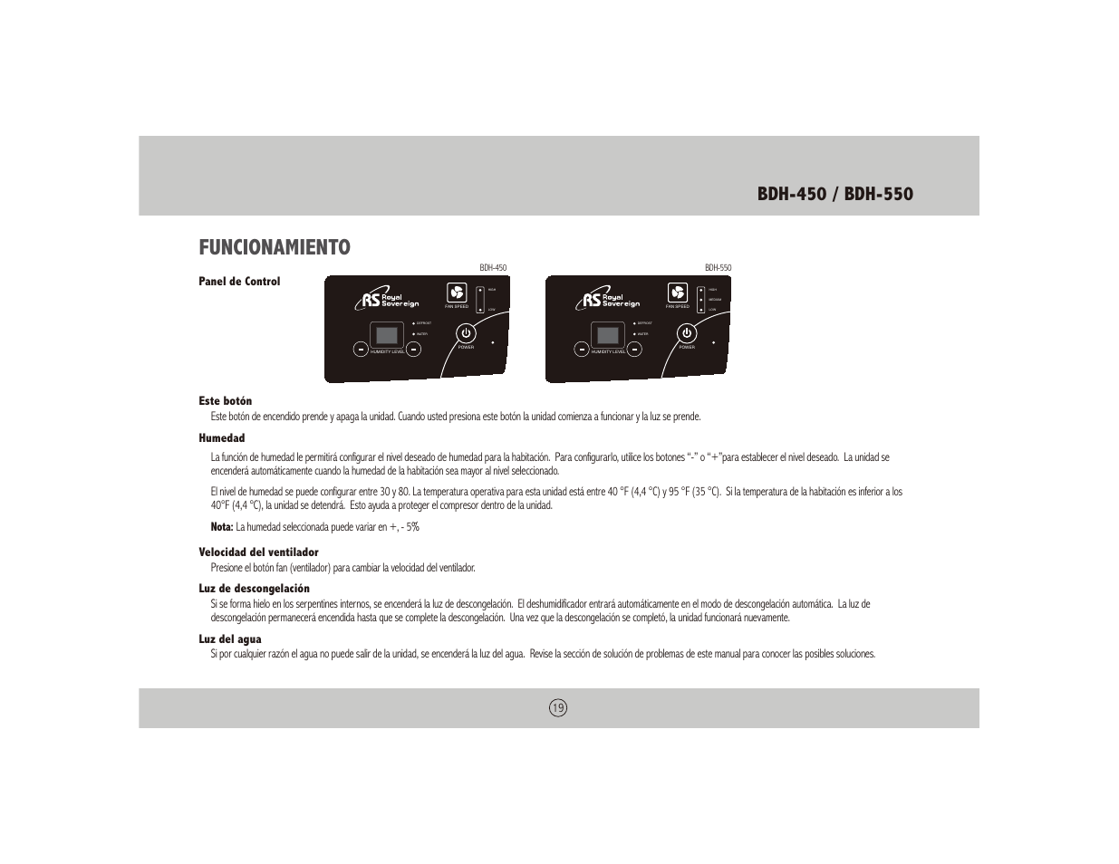 Funcionamiento | Royal Sovereign BUCKETLESS DEHUMIDIFIER BDH-550 User Manual | Page 19 / 24