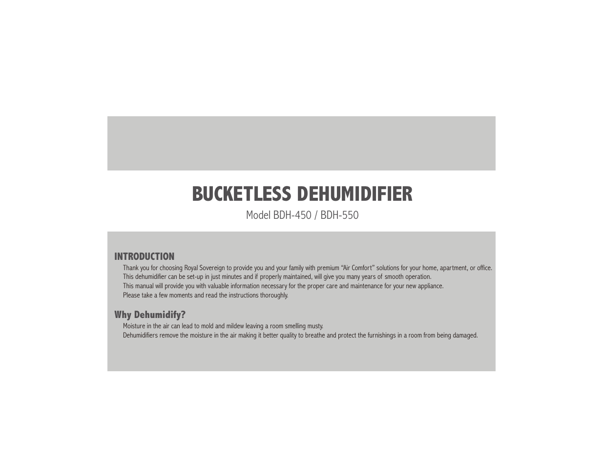 Bucketless dehumidifier | Royal Sovereign BUCKETLESS DEHUMIDIFIER BDH-550 User Manual | Page 2 / 24