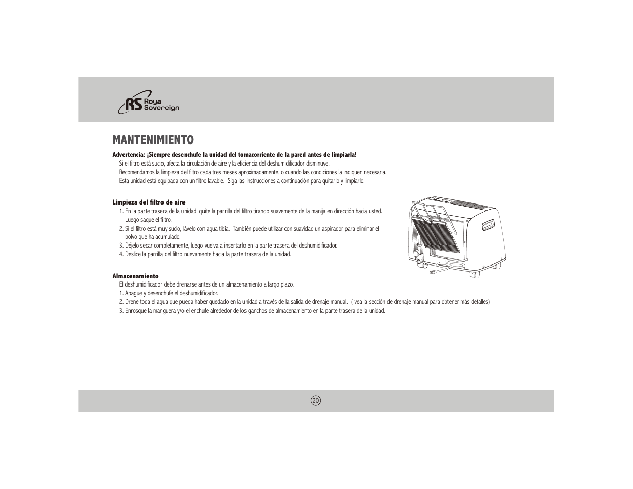 Mantenimiento | Royal Sovereign BUCKETLESS DEHUMIDIFIER BDH-550 User Manual | Page 20 / 24