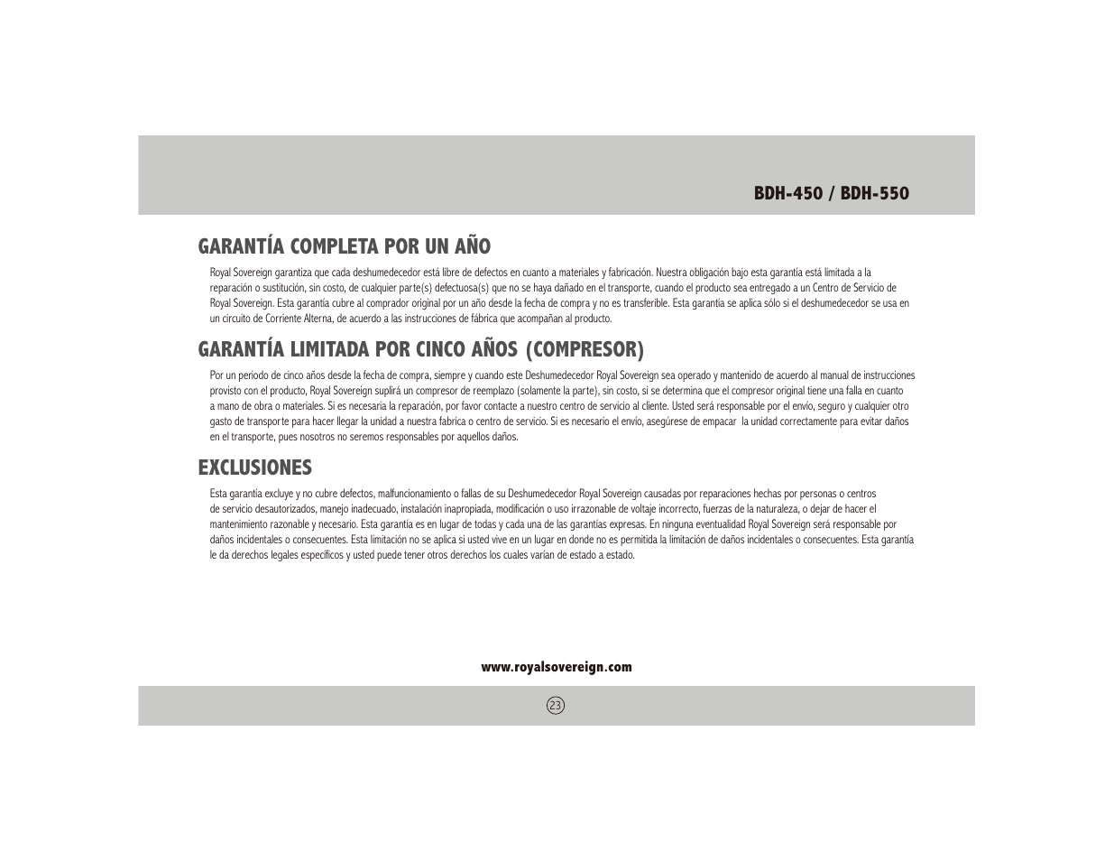 Garantía completa por un año, Garantía limitada por cinco años (compresor), Exclusiones | Royal Sovereign BUCKETLESS DEHUMIDIFIER BDH-550 User Manual | Page 23 / 24