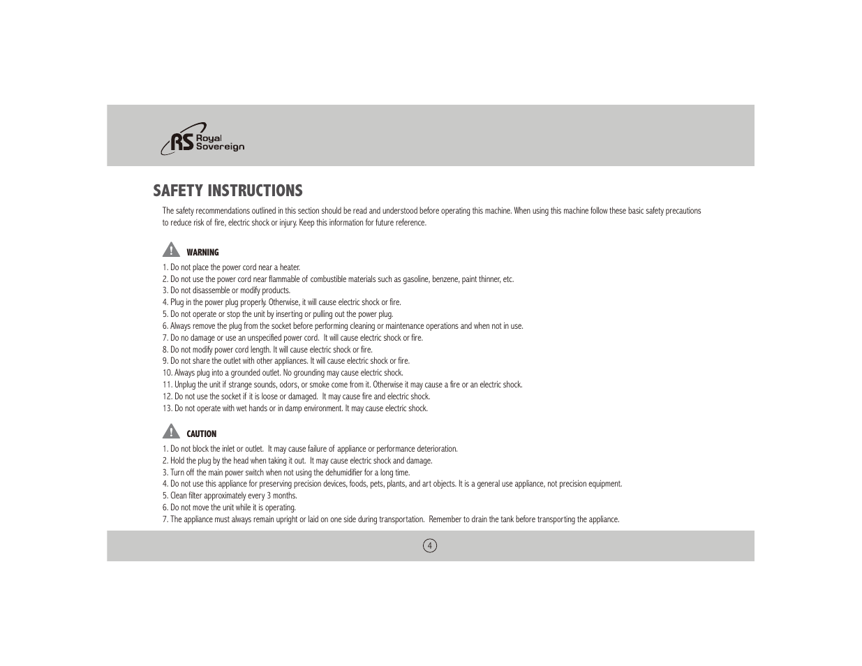 Safety instructions | Royal Sovereign BUCKETLESS DEHUMIDIFIER BDH-550 User Manual | Page 4 / 24