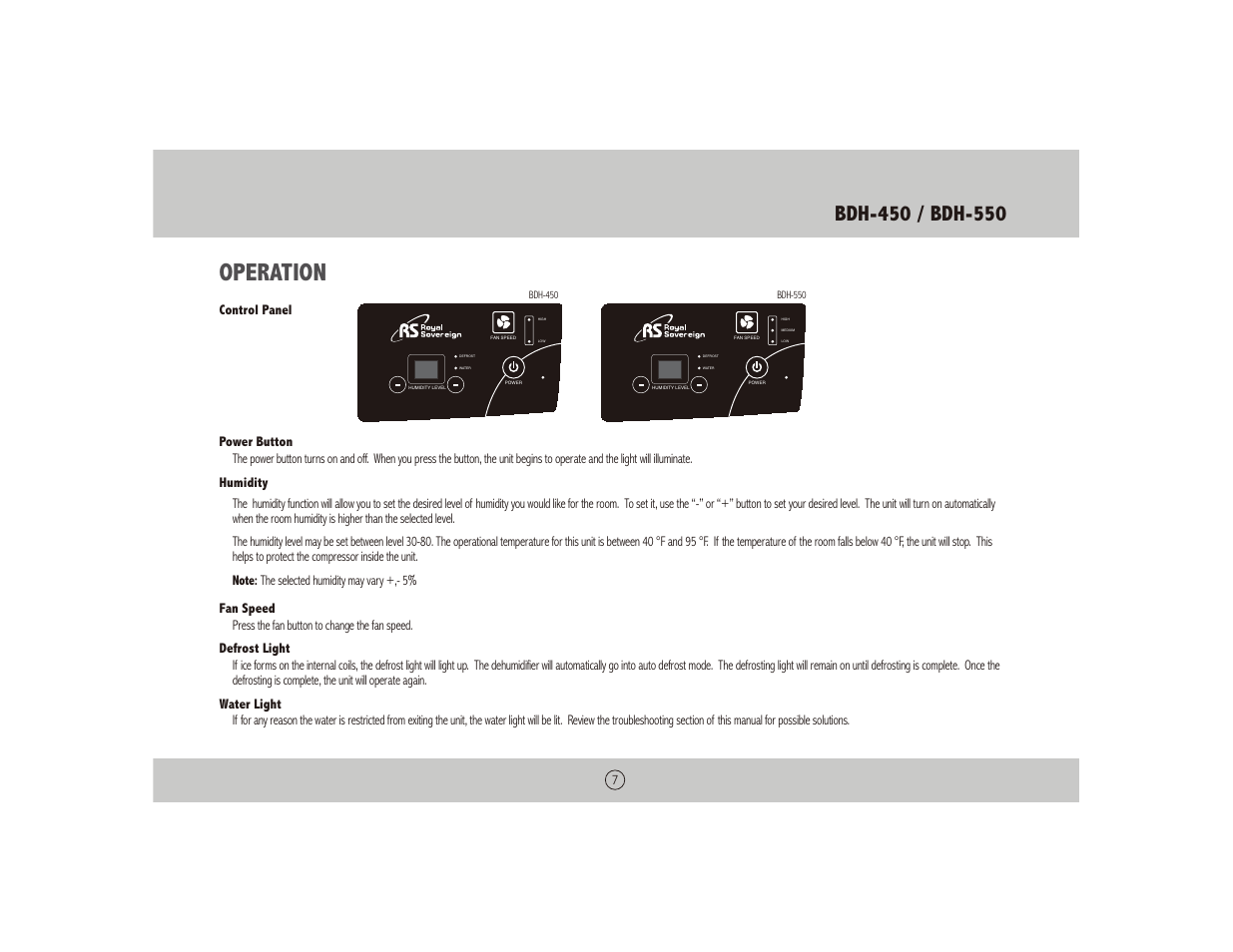 Operation | Royal Sovereign BUCKETLESS DEHUMIDIFIER BDH-550 User Manual | Page 7 / 24