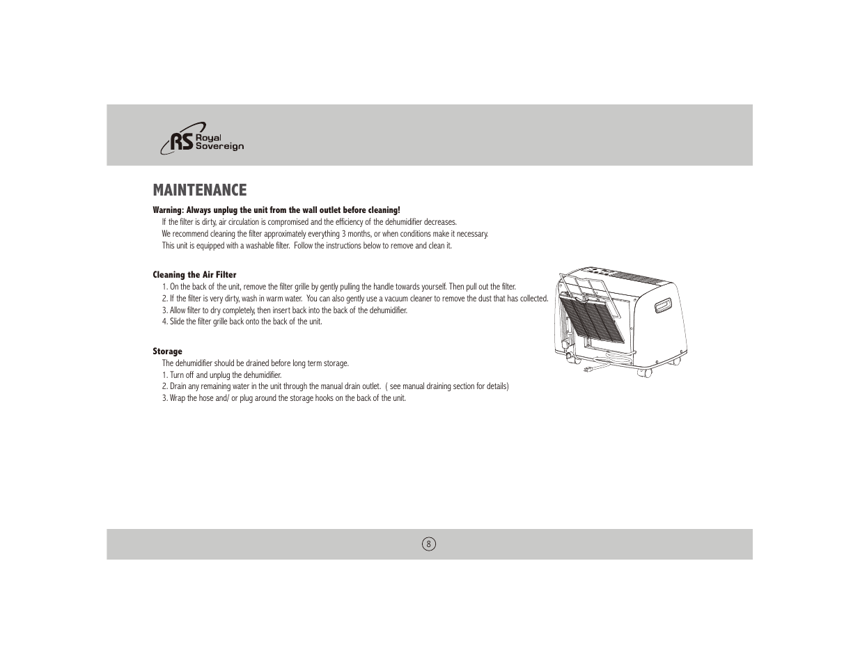 Maintenance | Royal Sovereign BUCKETLESS DEHUMIDIFIER BDH-550 User Manual | Page 8 / 24