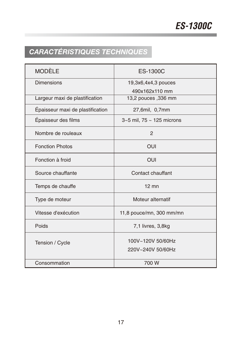 Es-1300c, Caractéristiques techniques | Royal Sovereign ES-1300C User Manual | Page 17 / 36