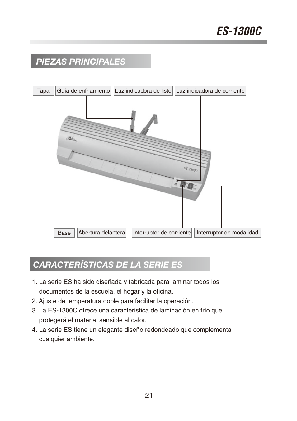 Es-1300c, Piezas principales características de la serie es | Royal Sovereign ES-1300C User Manual | Page 21 / 36