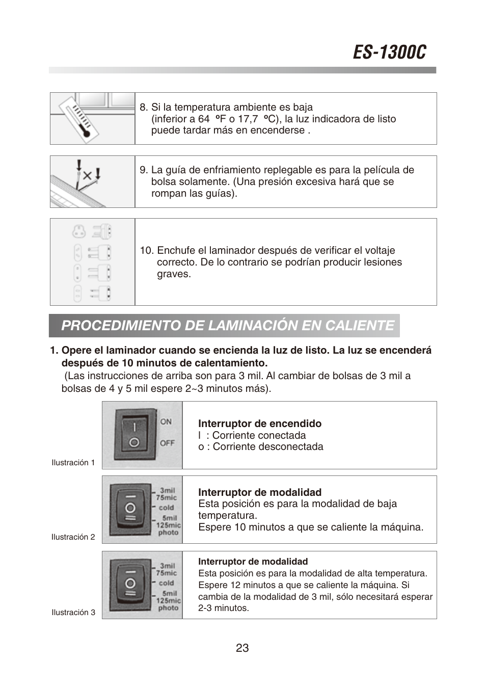 Es-1300c, Procedimiento de laminación en caliente | Royal Sovereign ES-1300C User Manual | Page 23 / 36