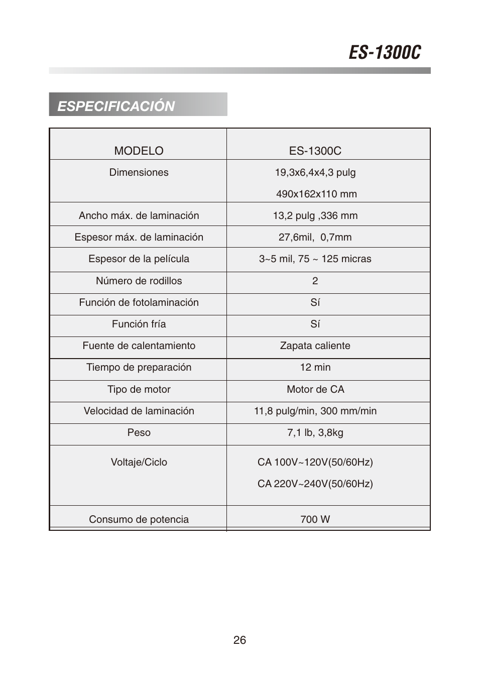 Es-1300c, Especificación | Royal Sovereign ES-1300C User Manual | Page 26 / 36