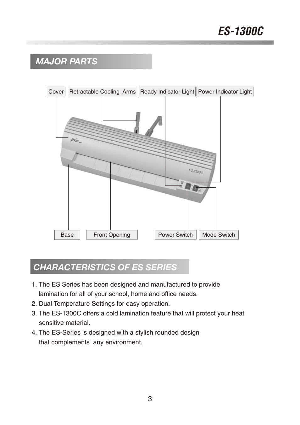 Es-1300c, Major parts characteristics of es series | Royal Sovereign ES-1300C User Manual | Page 3 / 36