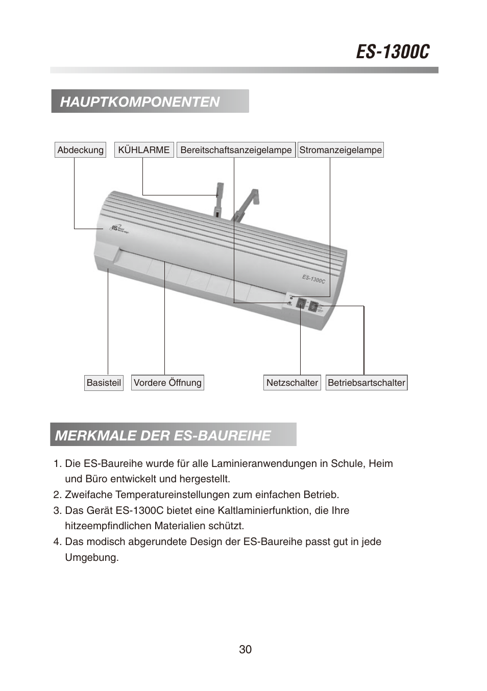 Es-1300c, Hauptkomponenten merkmale der es-baureihe | Royal Sovereign ES-1300C User Manual | Page 30 / 36