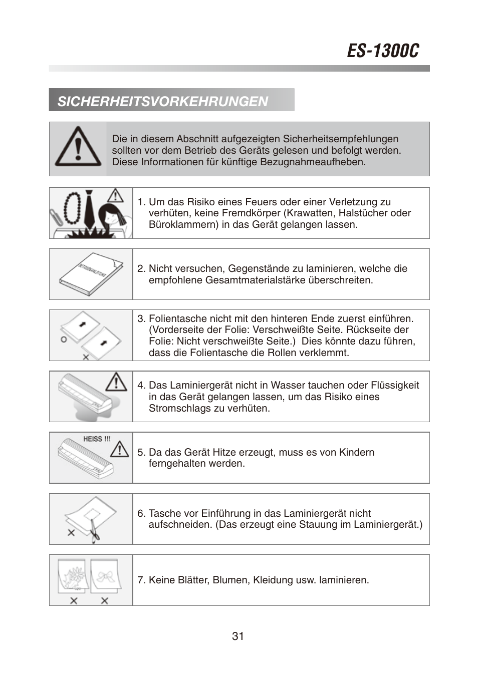 Es-1300c, Sicherheitsvorkehrungen | Royal Sovereign ES-1300C User Manual | Page 31 / 36