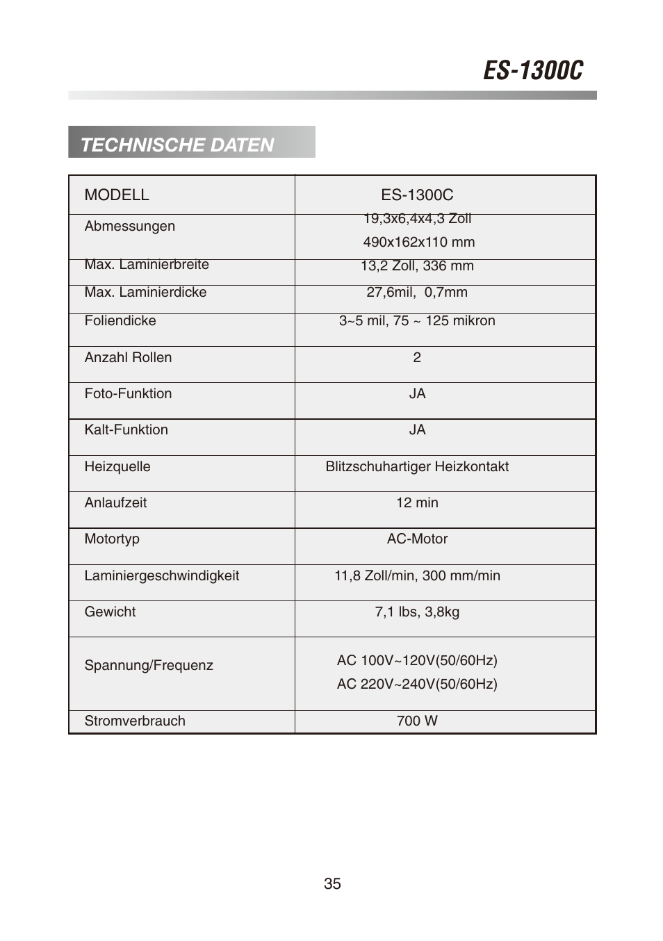 Es-1300c, Technische daten | Royal Sovereign ES-1300C User Manual | Page 35 / 36