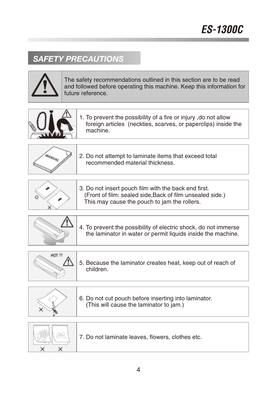 Es-1300c, Safety precautions | Royal Sovereign ES-1300C User Manual | Page 4 / 36