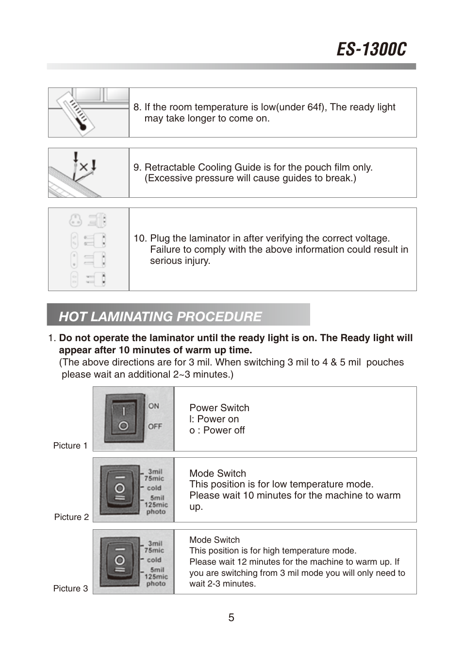 Es-1300c, Hot laminating procedure | Royal Sovereign ES-1300C User Manual | Page 5 / 36