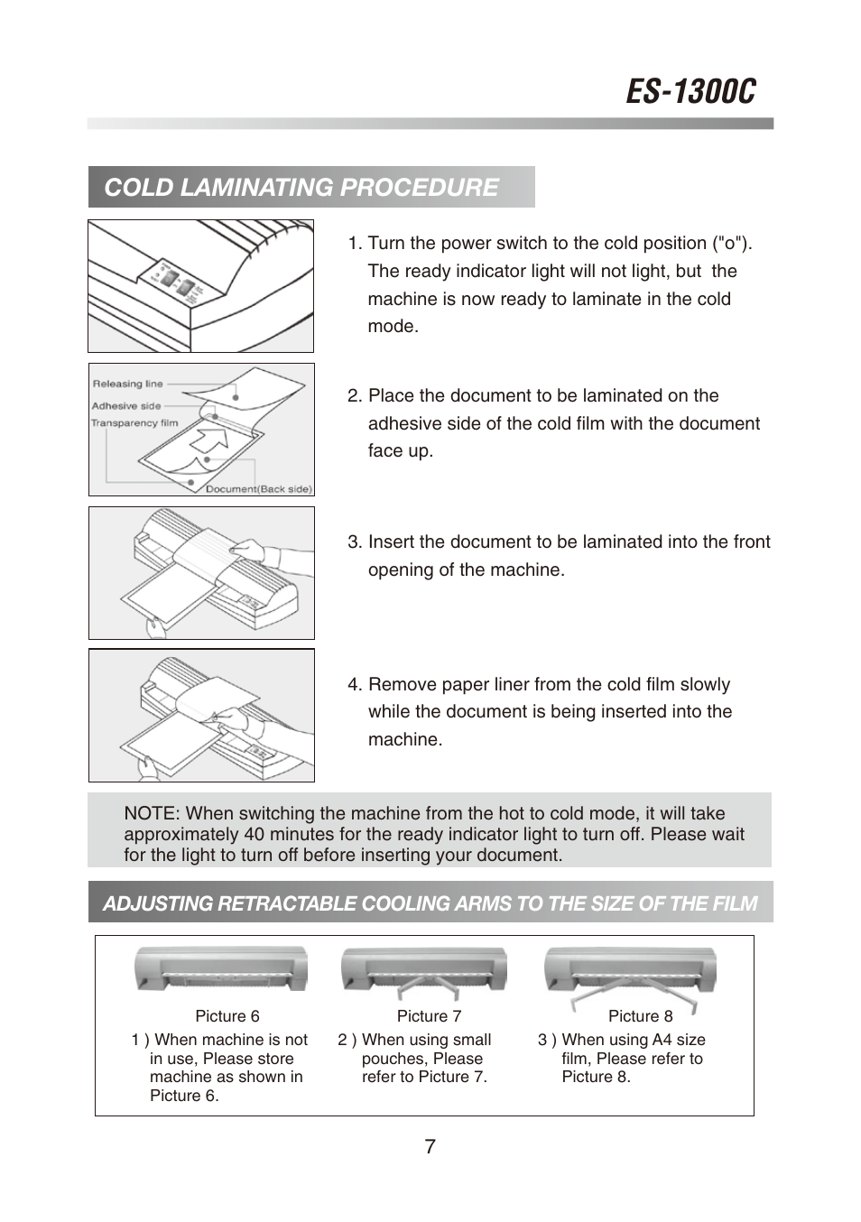 Es-1300c, Cold laminating procedure | Royal Sovereign ES-1300C User Manual | Page 7 / 36