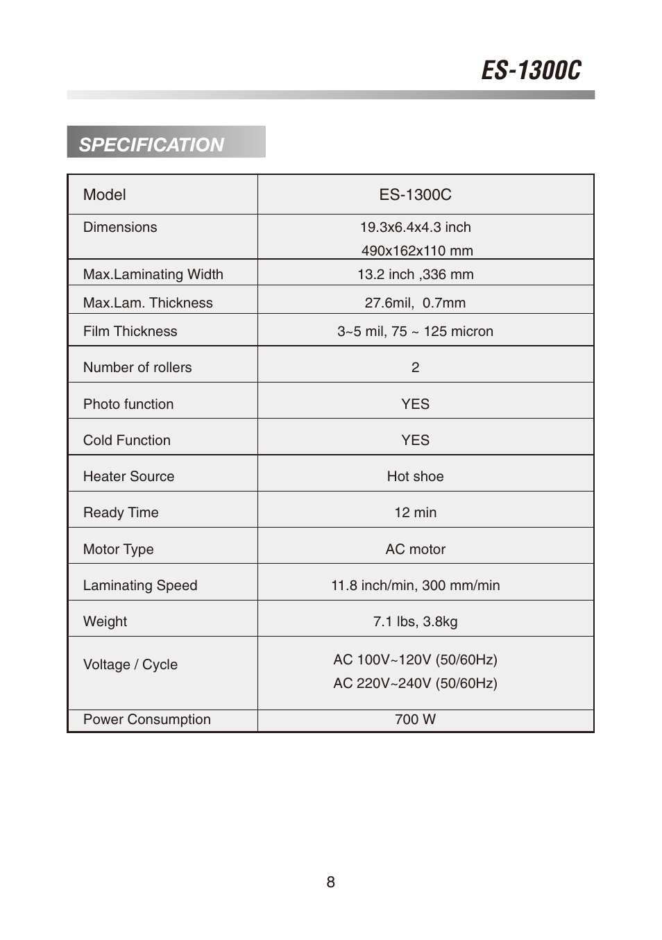 Es-1300c, Specification | Royal Sovereign ES-1300C User Manual | Page 8 / 36