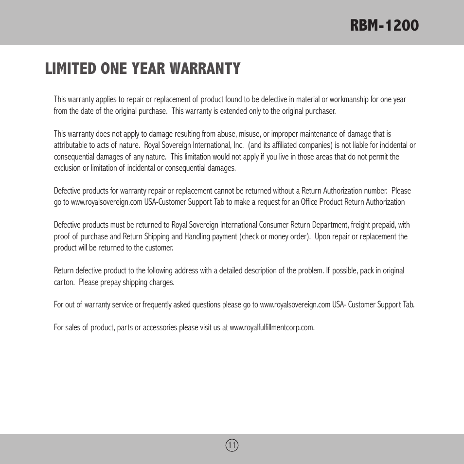 Rbm-1200, Limited one year warranty | Royal Sovereign RBM-1200 User Manual | Page 11 / 36