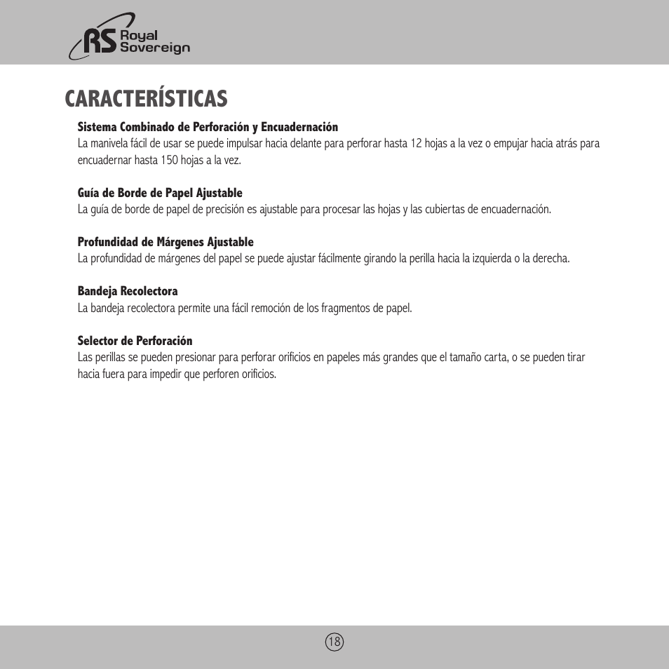Características | Royal Sovereign RBM-1200 User Manual | Page 18 / 36