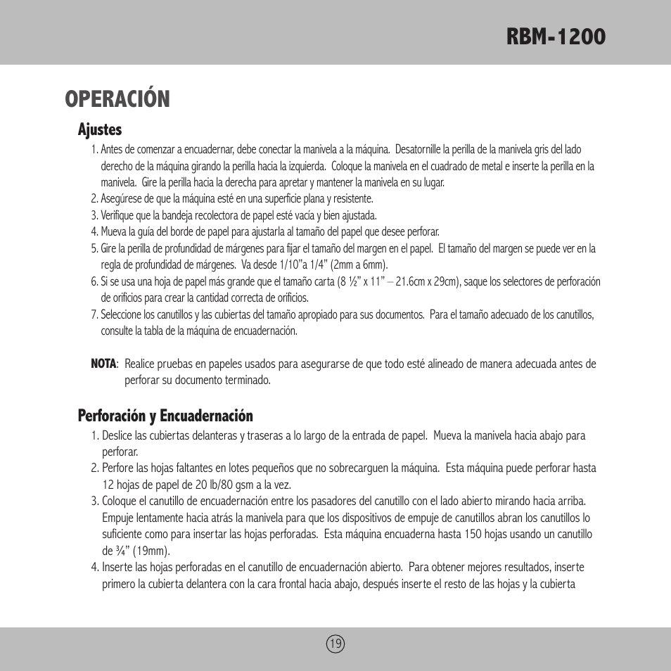 Rbm-1200, Operación, Ajustes | Perforación y encuadernación | Royal Sovereign RBM-1200 User Manual | Page 19 / 36