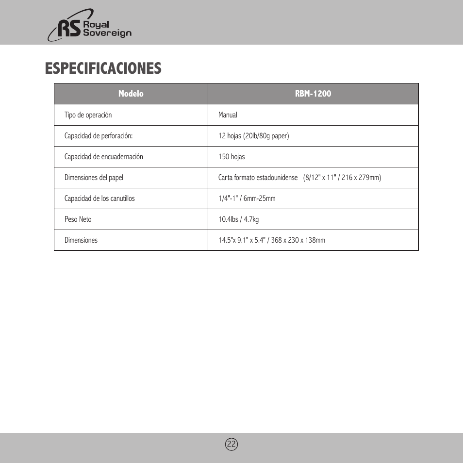Especificaciones | Royal Sovereign RBM-1200 User Manual | Page 22 / 36