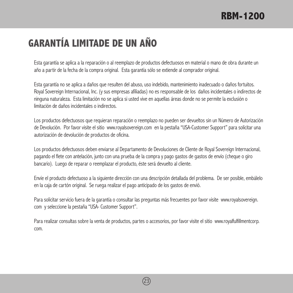 Rbm-1200, Garantía limitade de un año | Royal Sovereign RBM-1200 User Manual | Page 23 / 36